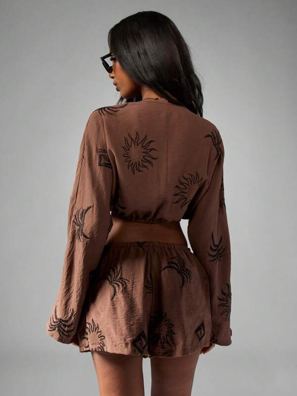 MISSGUIDED Linen Feel Co Ord Set With Sun Pattern And Tie Detail