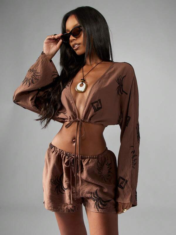 MISSGUIDED Linen Feel Co Ord Set With Sun Pattern And Tie Detail