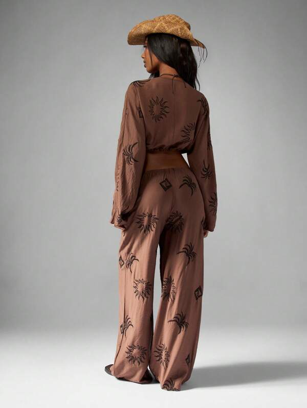 MISSGUIDED Linen Feel Crop Top And Wide Leg Pants With Western Embroidery