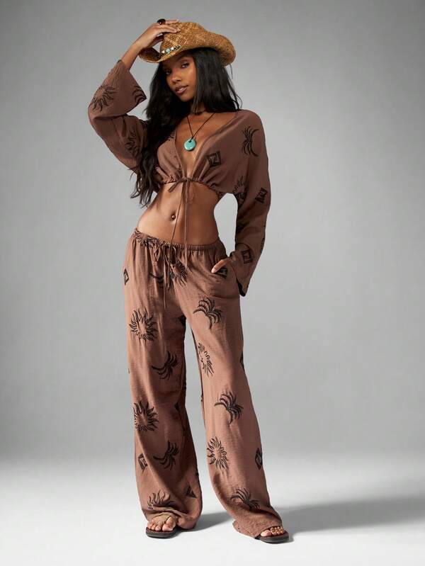 MISSGUIDED Linen Feel Crop Top And Wide Leg Pants With Western Embroidery