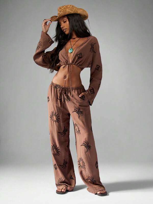 MISSGUIDED Linen Feel Crop Top And Wide Leg Pants With Western Embroidery