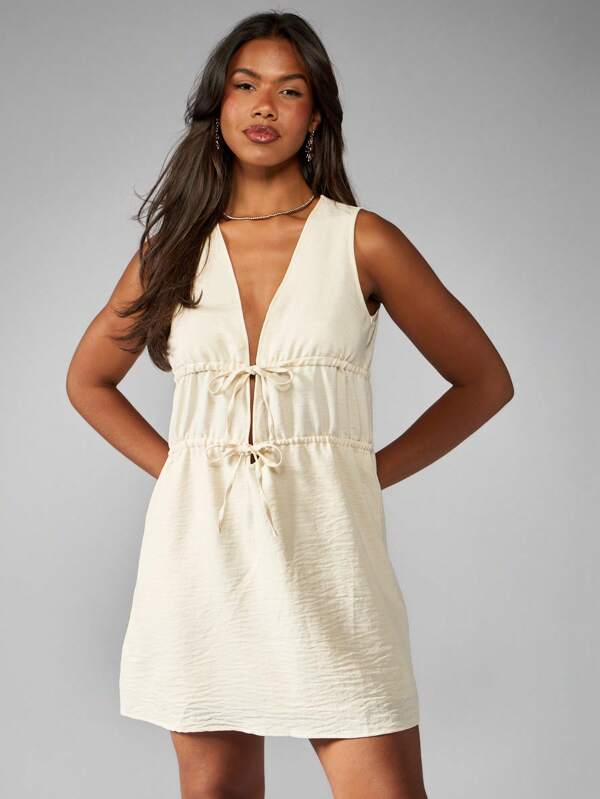 MISSGUIDED Linen Feel Drawstring Tiered Sleeveless V Neck Empire Waist Mini Dress