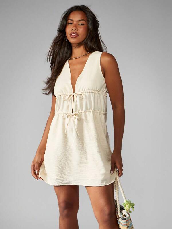 MISSGUIDED Linen Feel Drawstring Tiered Sleeveless V Neck Empire Waist Mini Dress