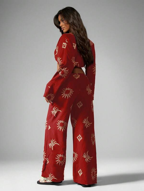 MISSGUIDED Linen Feel Embroidered Palm Suns Long Sleeve Co Ord Set