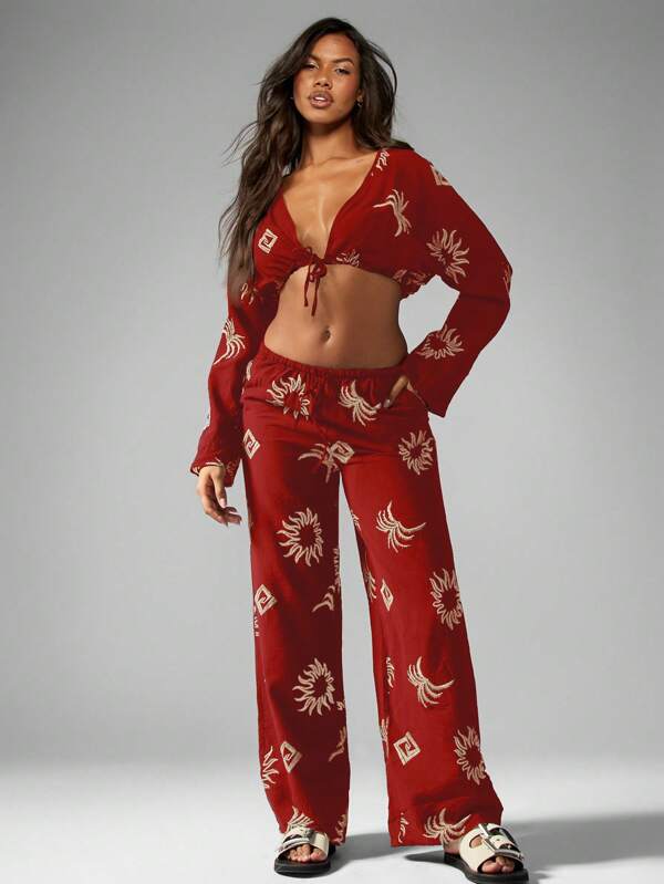 MISSGUIDED Linen Feel Embroidered Palm Suns Long Sleeve Co Ord Set