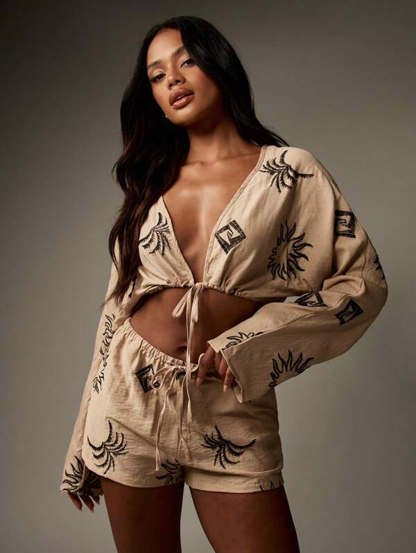 MISSGUIDED Linen Feel Embroidered Sun Pattern Two Piece Crop Top Shorts Set
