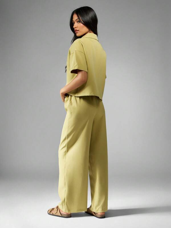 MISSGUIDED Linen Feel Lace Up Shirt Wide Leg Pants Two Piece