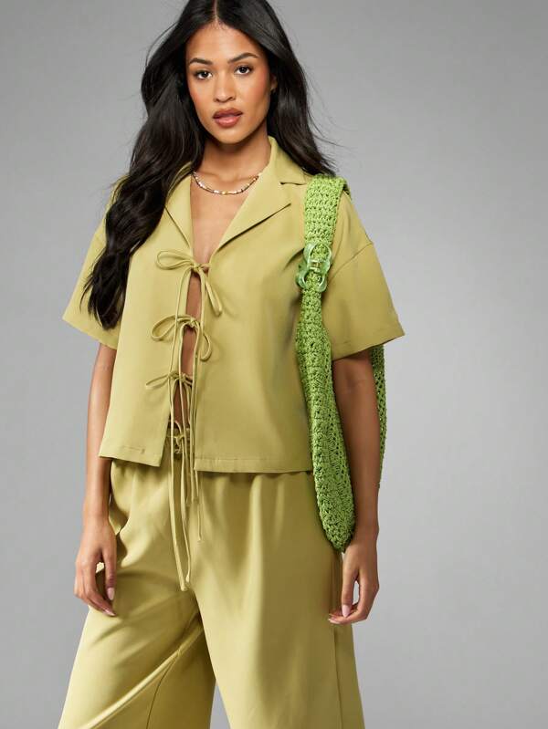 MISSGUIDED Linen Feel Lace Up Shirt Wide Leg Pants Two Piece