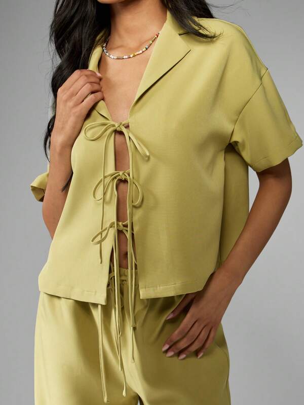 MISSGUIDED Linen Feel Lace Up Shirt Wide Leg Pants Two Piece