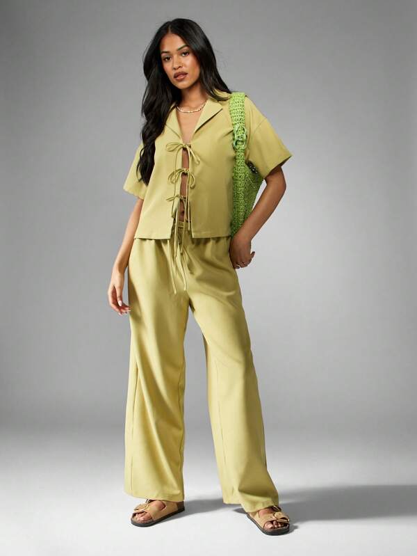 MISSGUIDED Linen Feel Lace Up Shirt Wide Leg Pants Two Piece