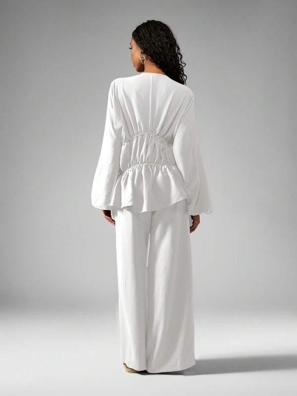 MISSGUIDED Linen Feel Long Sleeve Tiered Blouse Wide Leg Trousers Co Ord