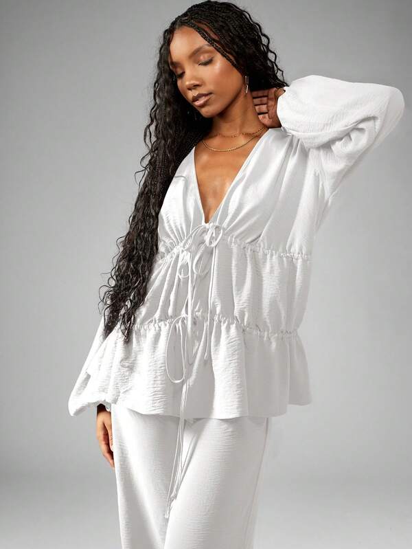MISSGUIDED Linen Feel Long Sleeve Tiered Blouse Wide Leg Trousers Co Ord
