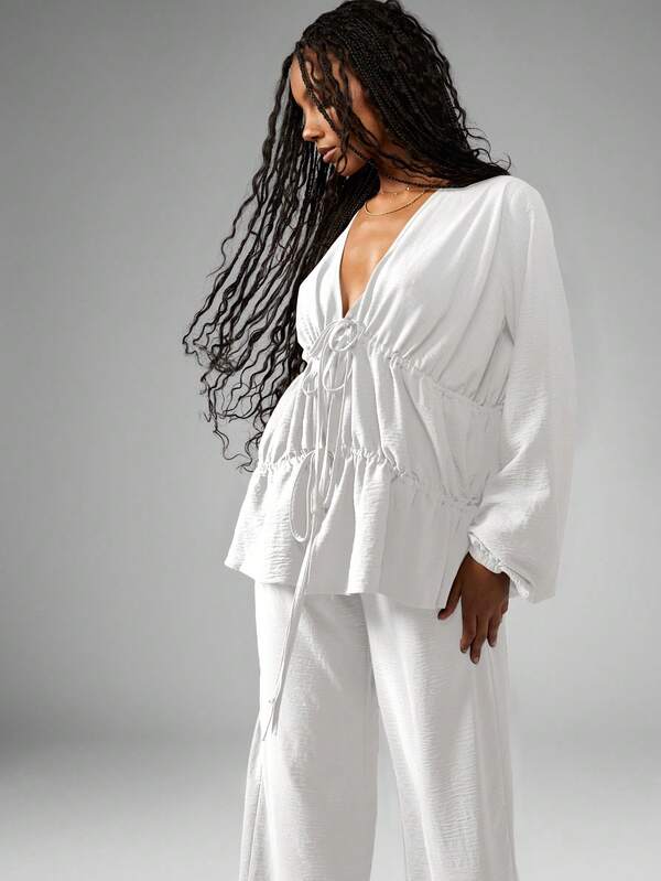 MISSGUIDED Linen Feel Long Sleeve Tiered Blouse Wide Leg Trousers Co Ord
