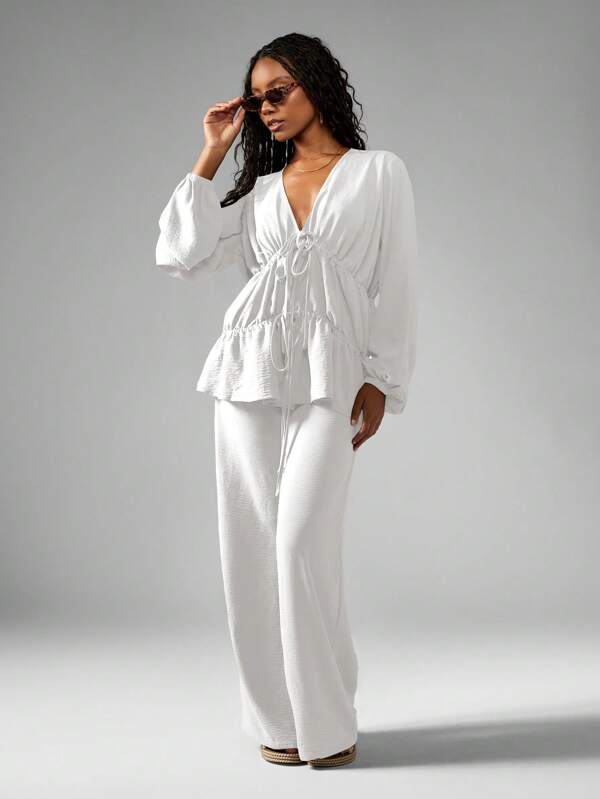 MISSGUIDED Linen Feel Long Sleeve Tiered Blouse Wide Leg Trousers Co Ord