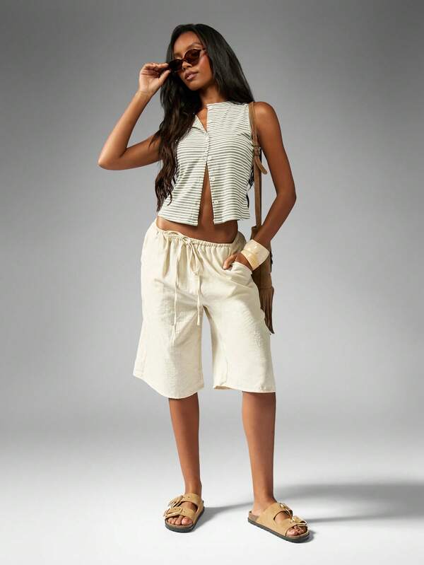 MISSGUIDED Linen Feel Look Bermuda Shorts With Drawstring Waist