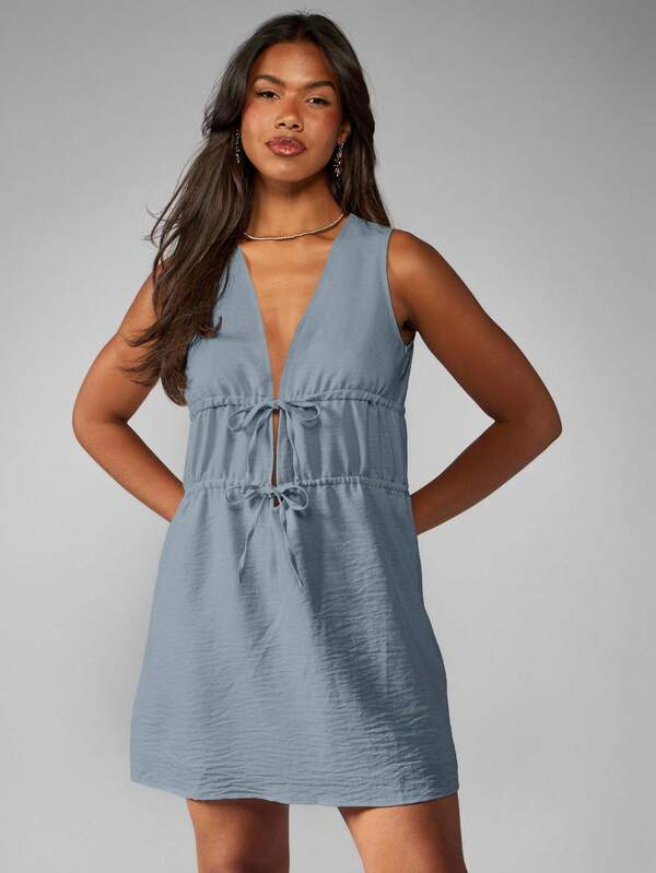 MISSGUIDED Linen Feel Mini Dress With Double Drawstring Waist Details