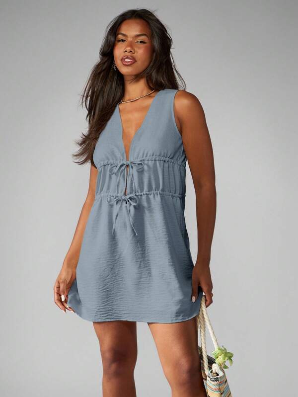 MISSGUIDED Linen Feel Mini Dress With Double Drawstring Waist Details