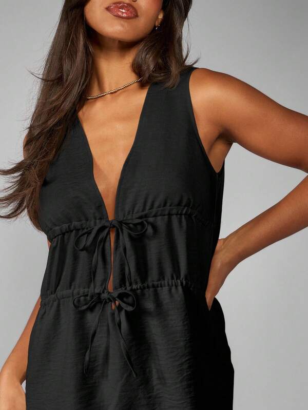 MISSGUIDED Linen Feel Mini Dress With Front Ties And V Neck
