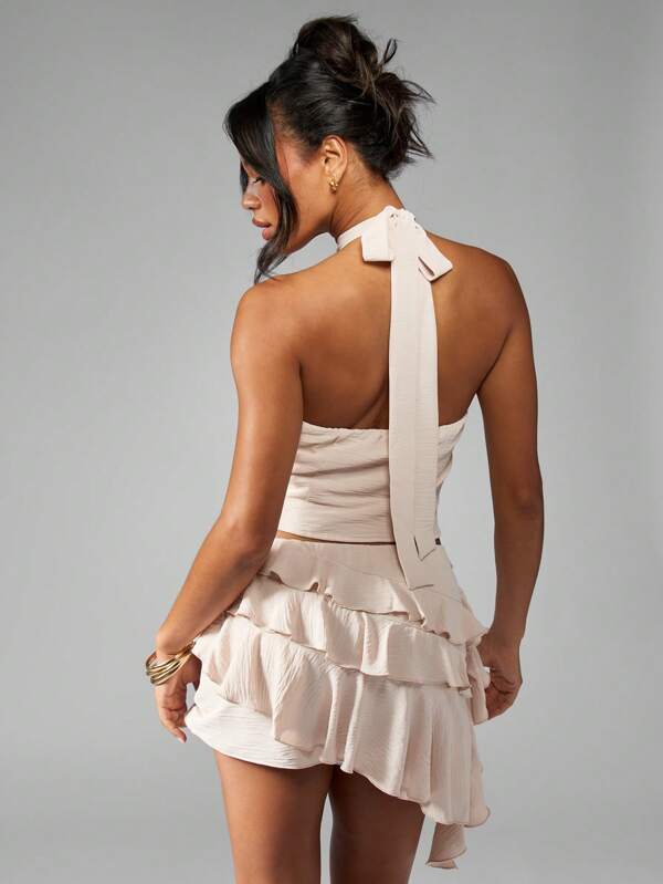 MISSGUIDED Linen Feel Ruffle Halter Neck Cropped Top Tiered Mini Skirt Two Piece Set