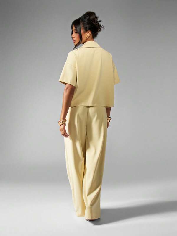 MISSGUIDED Linen Feel Sophisticated Two-Piece Outfits Triple Tie Blazer Wide Leg Pants