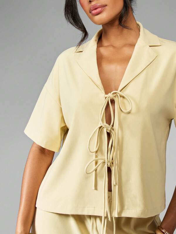 MISSGUIDED Linen Feel Sophisticated Two-Piece Outfits Triple Tie Blazer Wide Leg Pants