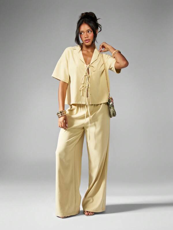 MISSGUIDED Linen Feel Sophisticated Two-Piece Outfits Triple Tie Blazer Wide Leg Pants