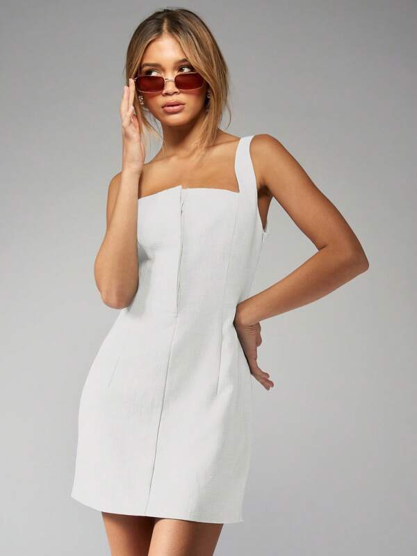 MISSGUIDED Linen Feel Square Neck Sleeveless Fitted Bodycon Mini Dresses
