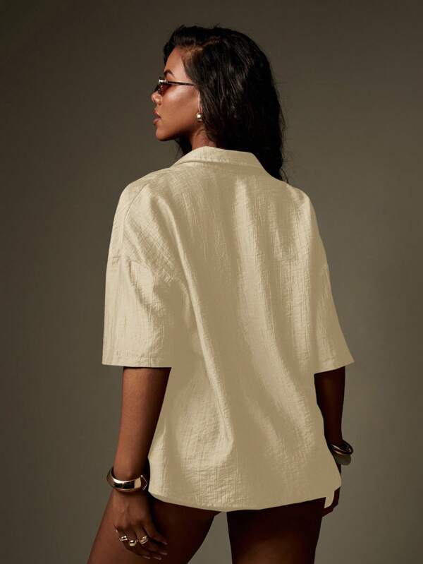 MISSGUIDED Linen Feel Textured Button Down Two Piece Set With Shorts