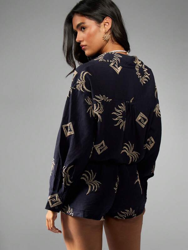 MISSGUIDED Linen Feel Two Piece Set With Embroidered Sun And Moon Motifs