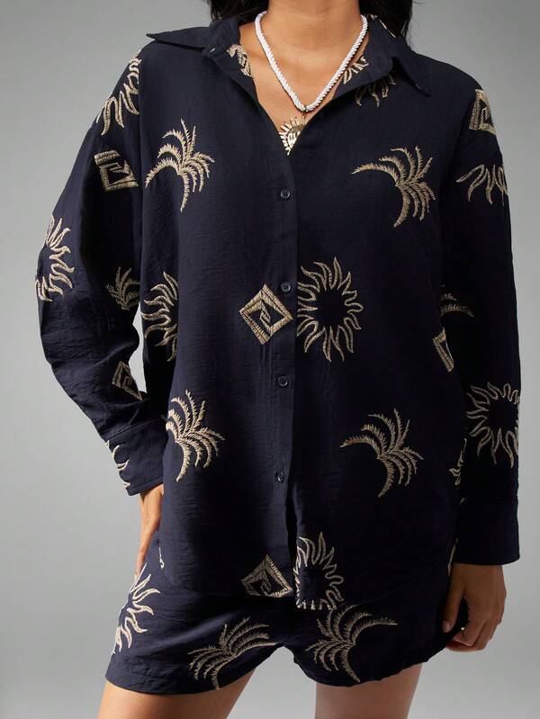 MISSGUIDED Linen Feel Two Piece Set With Embroidered Sun And Moon Motifs