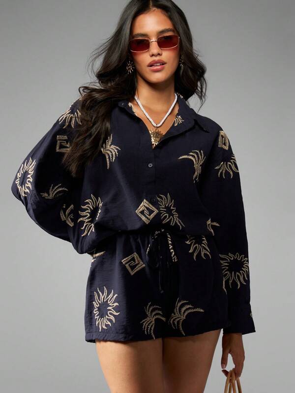 MISSGUIDED Linen Feel Two Piece Set With Embroidered Sun And Moon Motifs