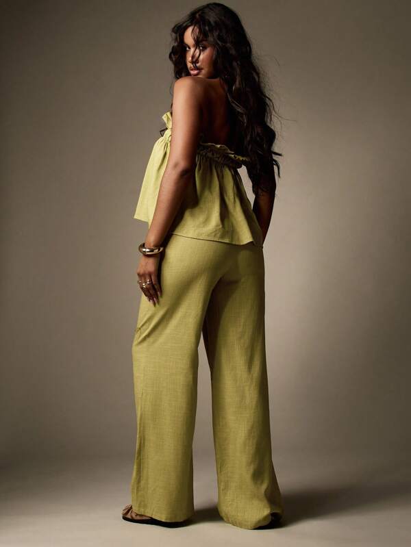 MISSGUIDED Linen-Look Ruffled Bandeau Top Wide Leg Palazzo Pants Two-Piece Set