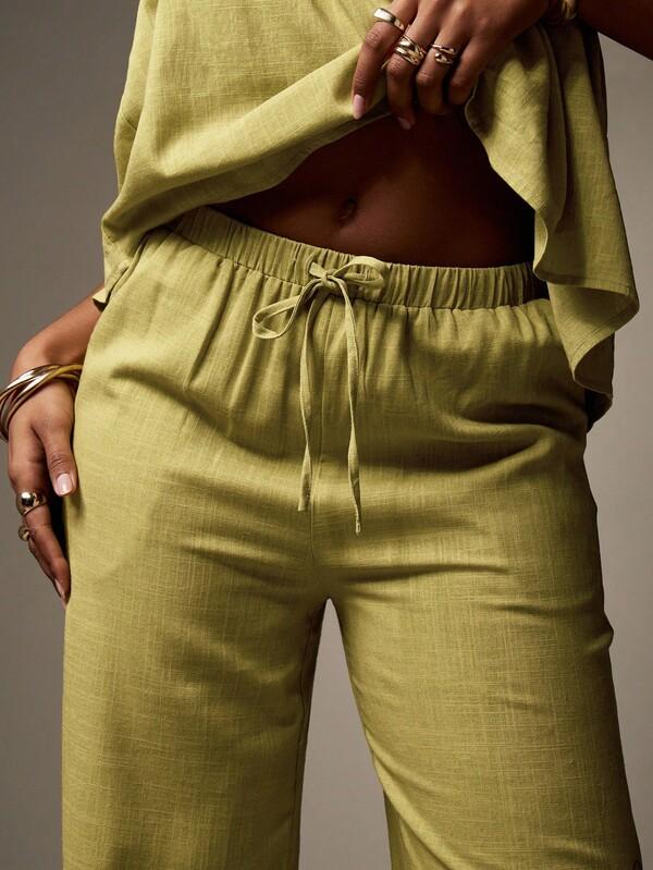 MISSGUIDED Linen-Look Ruffled Bandeau Top Wide Leg Palazzo Pants Two-Piece Set