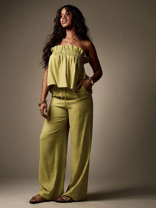 MISSGUIDED Linen-Look Ruffled Bandeau Top Wide Leg Palazzo Pants Two-Piece Set
