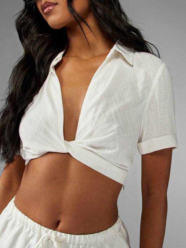 MISSGUIDED Linen Look Twist Front Crop Collared Button Down Shirt