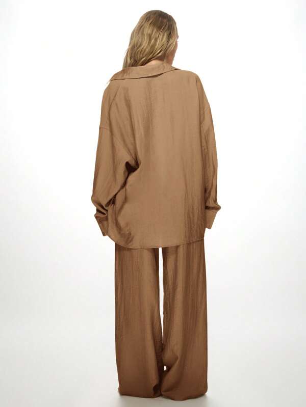 MISSGUIDED Linen Lounge Lightweight Oversized Palazzo Pants And Button Down Shirt