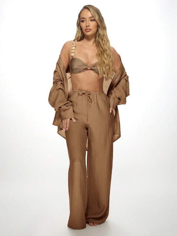 MISSGUIDED Linen Lounge Lightweight Oversized Palazzo Pants And Button Down Shirt