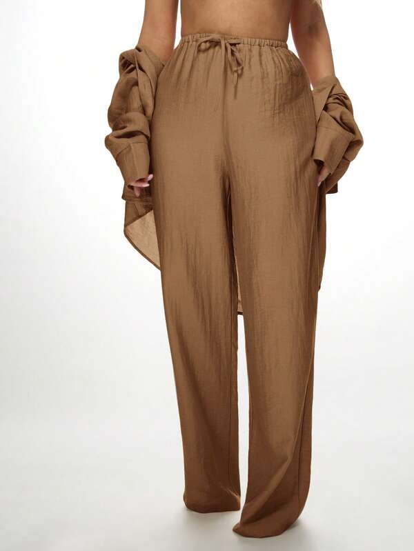 MISSGUIDED Linen Lounge Lightweight Oversized Palazzo Pants And Button Down Shirt