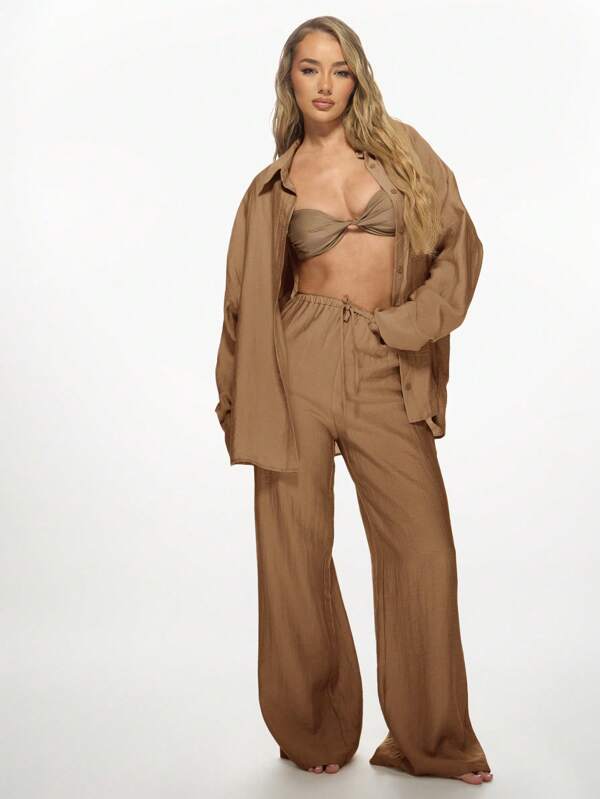 MISSGUIDED Linen Lounge Lightweight Oversized Palazzo Pants And Button Down Shirt