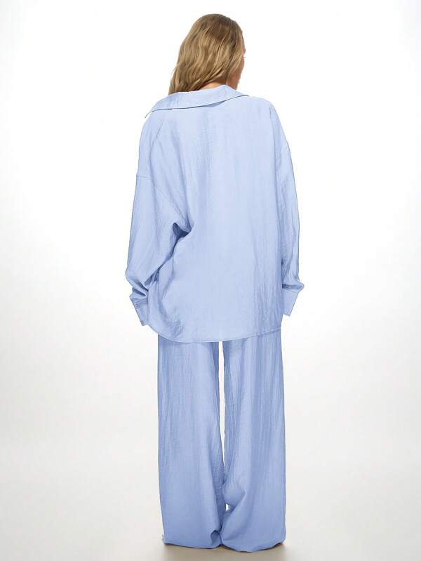 MISSGUIDED Linen Oversized Button Down Shirt Wide Leg Palazzo Two Piece Outfit