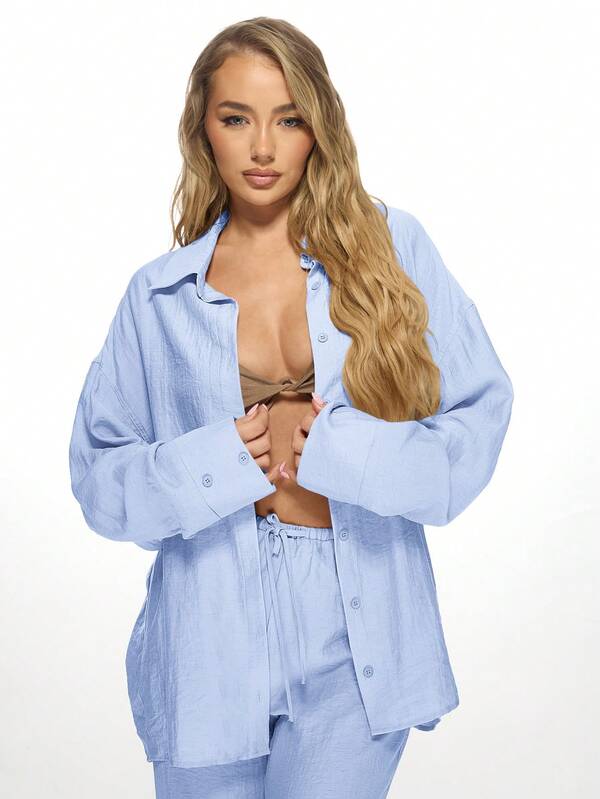 MISSGUIDED Linen Oversized Button Down Shirt Wide Leg Palazzo Two Piece Outfit