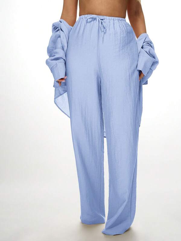 MISSGUIDED Linen Oversized Button Down Shirt Wide Leg Palazzo Two Piece Outfit