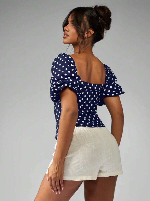 MISSGUIDED LINEN POLKA DOT TAILORED PUFF SLEEVE TOP