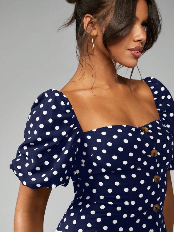 MISSGUIDED LINEN POLKA DOT TAILORED PUFF SLEEVE TOP