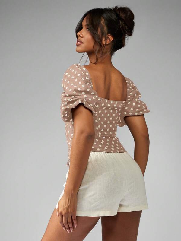 MISSGUIDED LINEN POLKA DOT TAILORED PUFF SLEEVE TOP