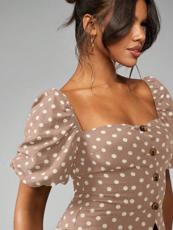 MISSGUIDED LINEN POLKA DOT TAILORED PUFF SLEEVE TOP