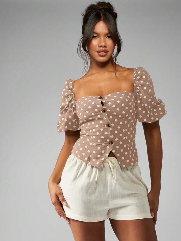 MISSGUIDED LINEN POLKA DOT TAILORED PUFF SLEEVE TOP