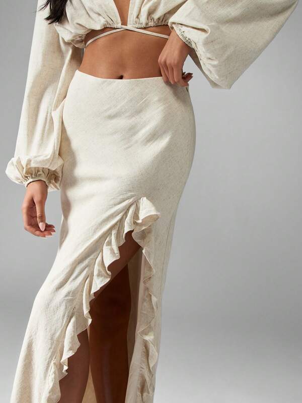 MISSGUIDED Linen Ruffle Split High Waisted Maxi Skirt