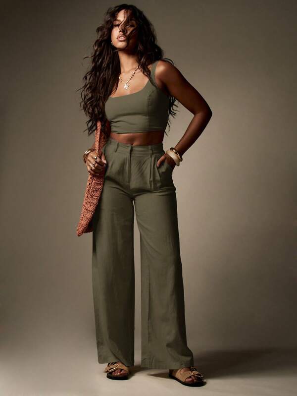 MISSGUIDED Linen Square Neck Crop High Waist Palazzo Two-Piece Outfit