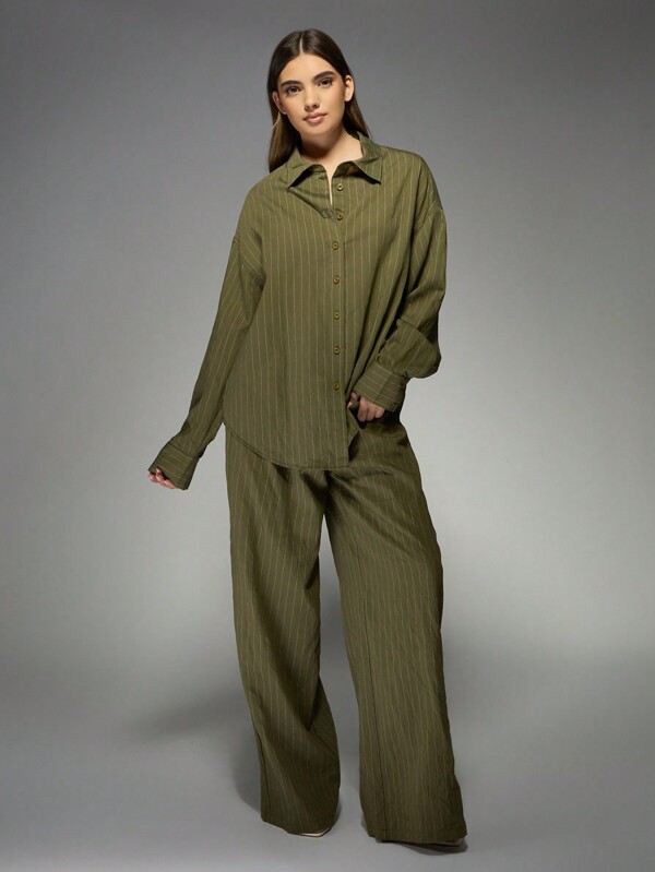 MISSGUIDED Linen Striped Oversized Shirt And Wide Leg Pants Two-Piece Outfits
